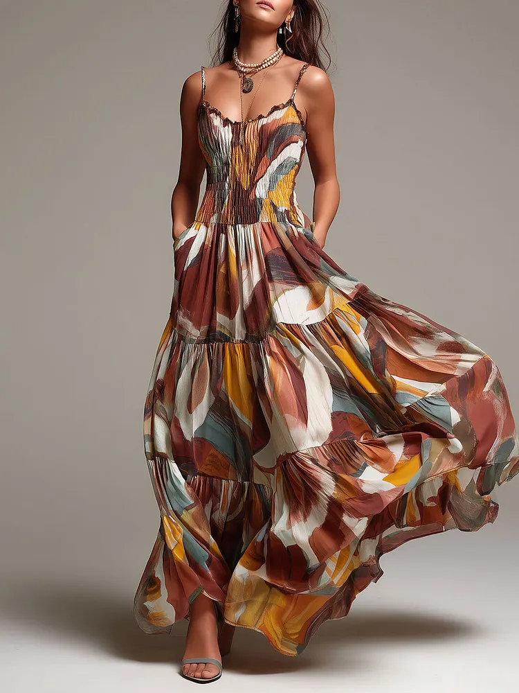 Boho Abstract Multicolor Smocked Bodice Maxi Dress