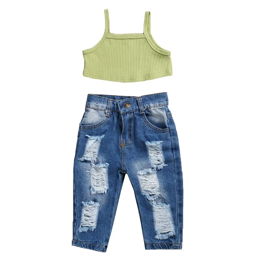 2020 Baby Summer Clothing Kids Baby Girls Fashion 2Pcs Outfit Set Sleeveless Solid Ribbed Crops Top and Ripped Jeans Pants Set