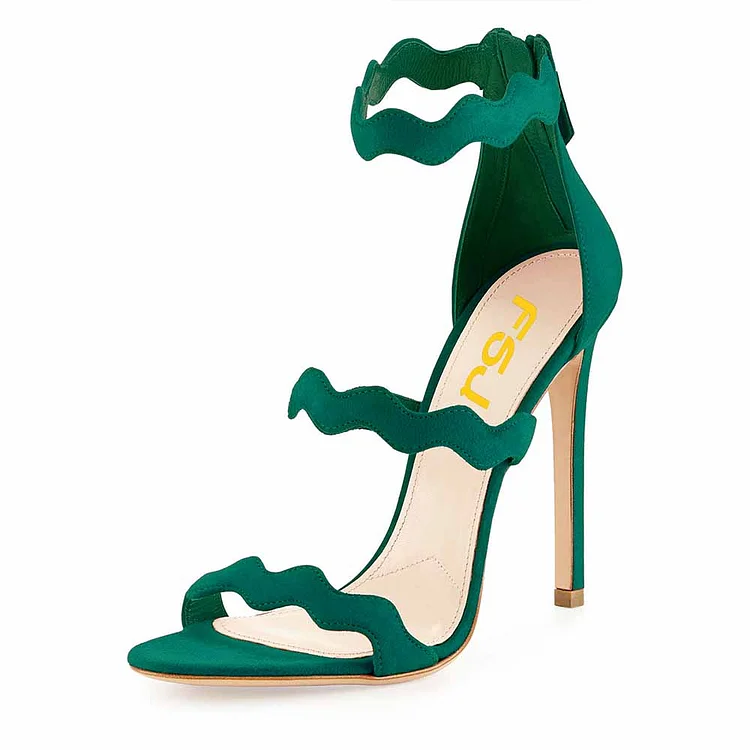 Green 5 Inches Stiletto Heels Open Toe Vegan Suede Sandals by FSJ |FSJ Shoes