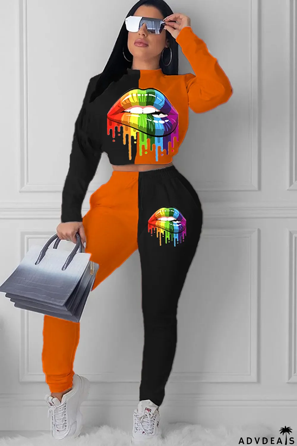 Red Celebrities Two Piece Suits Print Straight Long Sleeve Two-piece Pants Set