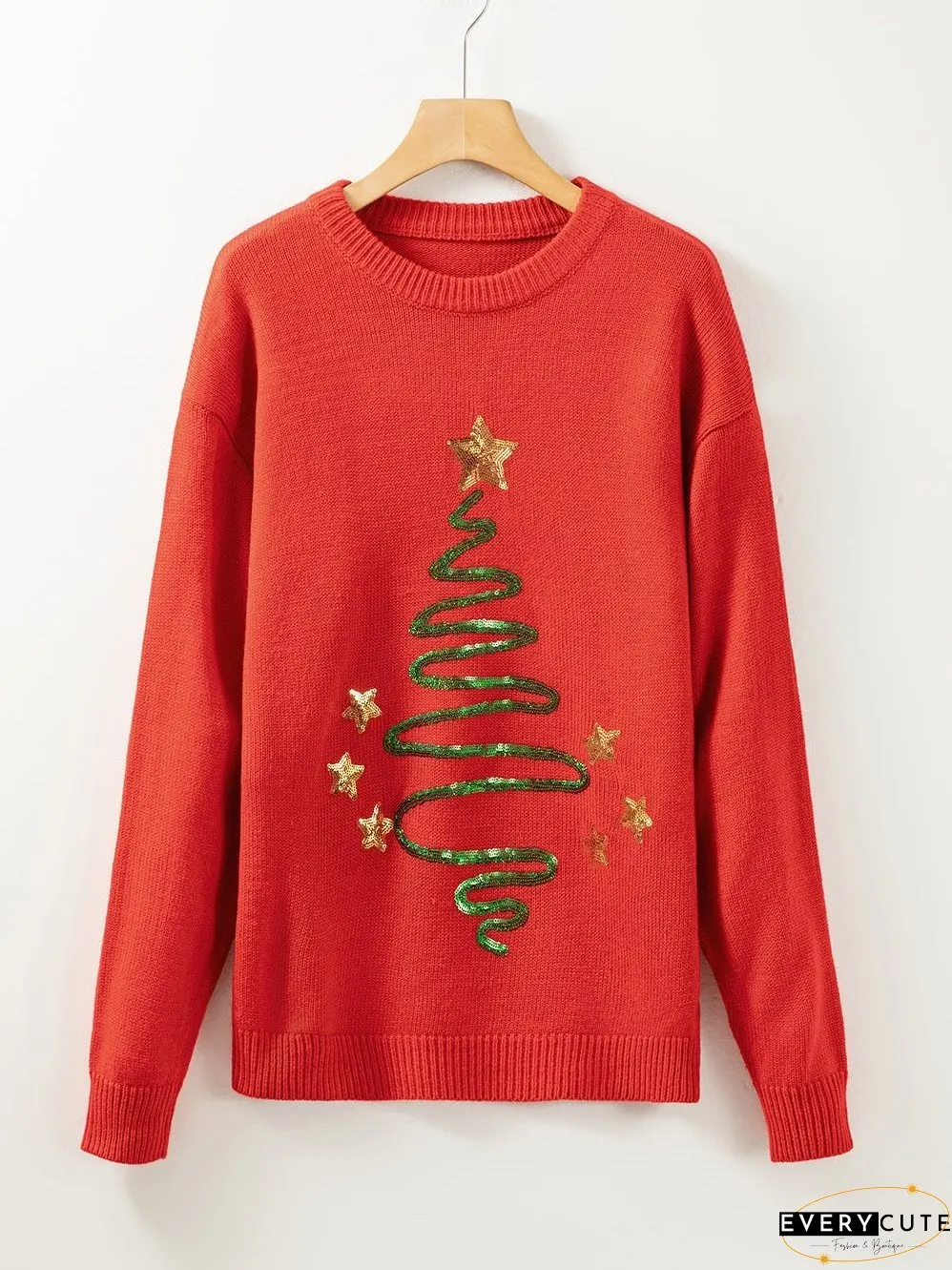 Festive Red Sequin Christmas Tree Sweater with Drop Shoulders