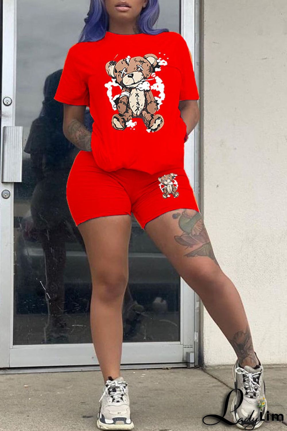 Purple Casual Print Patchwork O Neck Short Sleeve Two Pieces