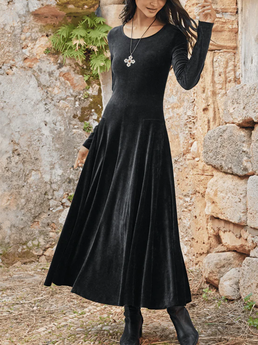 Elegant Solid Color Round Neck Stretch Velvet Midi Dress