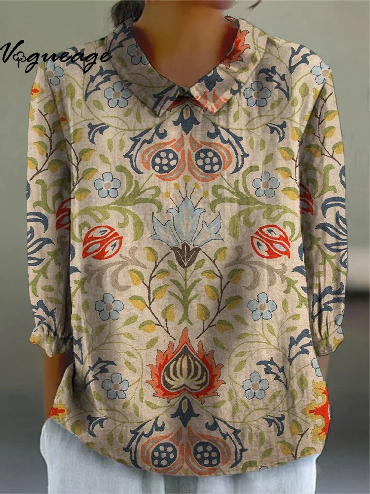 Retro Gentle And Elegant Plants Printed Cotton And Linen Shirt