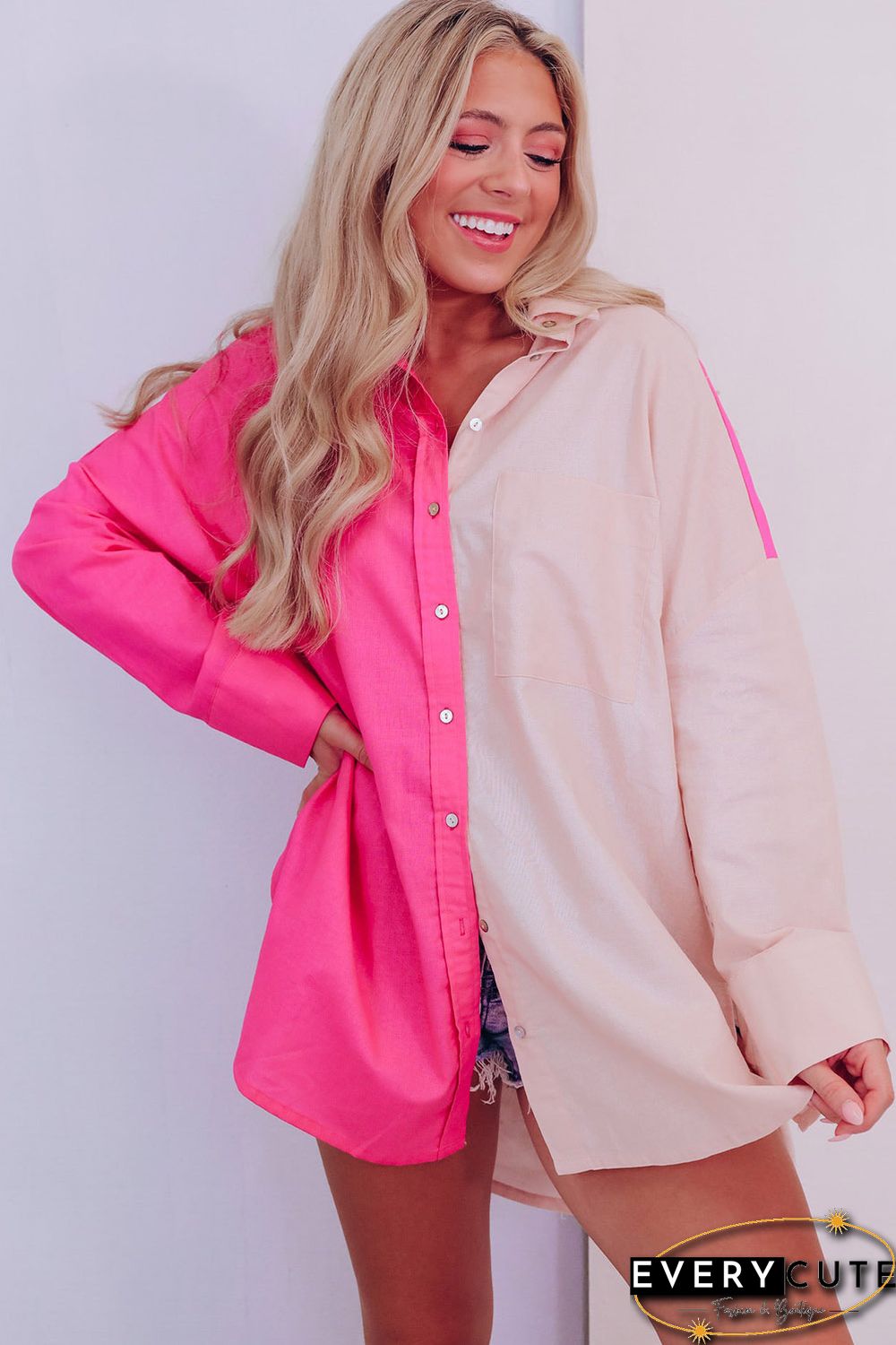Pink Color Block Patchwork Oversized Shirt