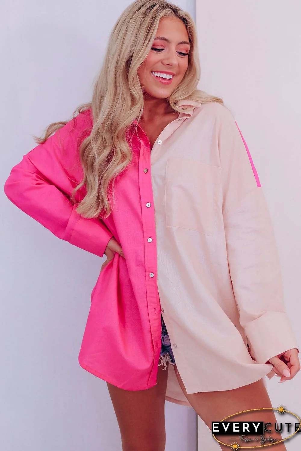 Pink Color Block Patchwork Oversized Shirt