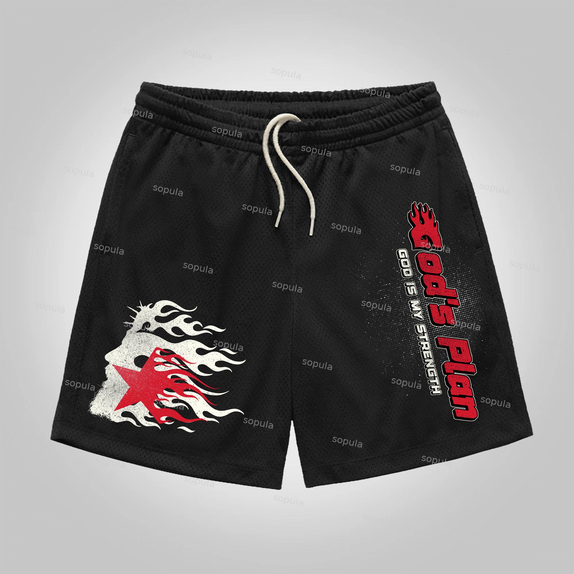 Sopula Men's God's Plan Flame Jesus Graphic Mesh Shorts - SOPULA
