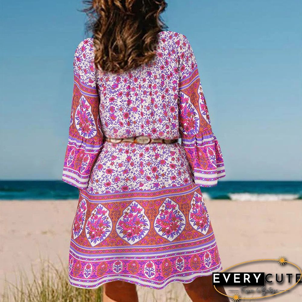 Fashion Women Retro Oversized V-Neck Casual Sundress Floral Printed Baggy Holiday Mini Shirt Dress