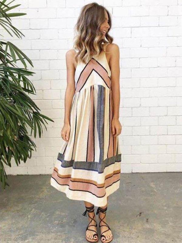 Boho Beach O Neck Sleeveless Print Stripe A Line Maxi Dress
