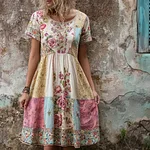 Vintage Boho Floral Patchwork Comfy Linen Midi Dress - Image 2