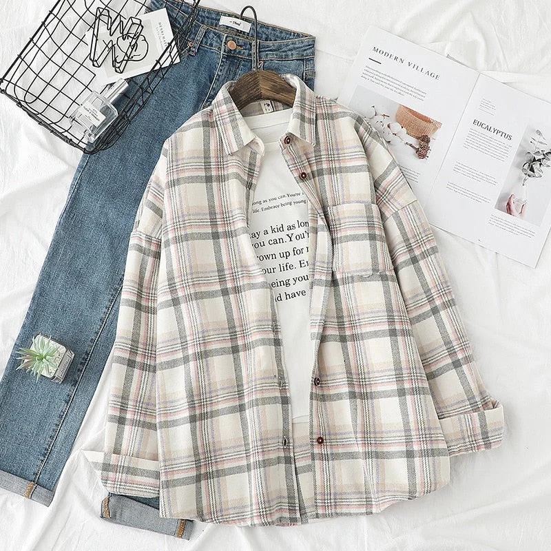 Autumn Winter Plaid Shirts Women Loose Blouses Woolen Lady Tops Female Clothes Outwear