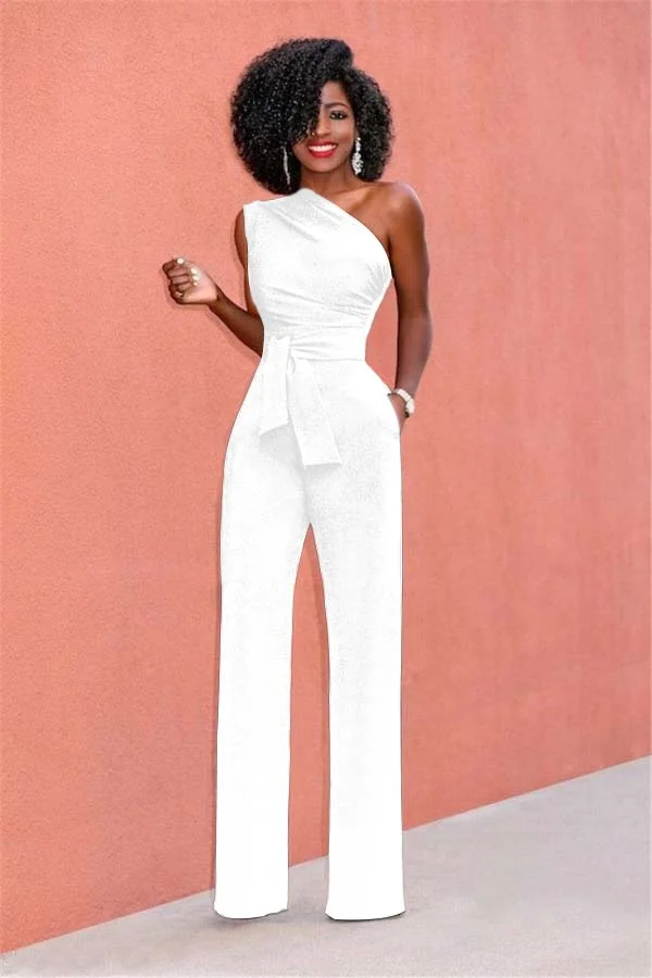 Daisda Solid Black One Shoulder Sleeveless Strapless High Waist Long Wid-Leg Jumpsuit