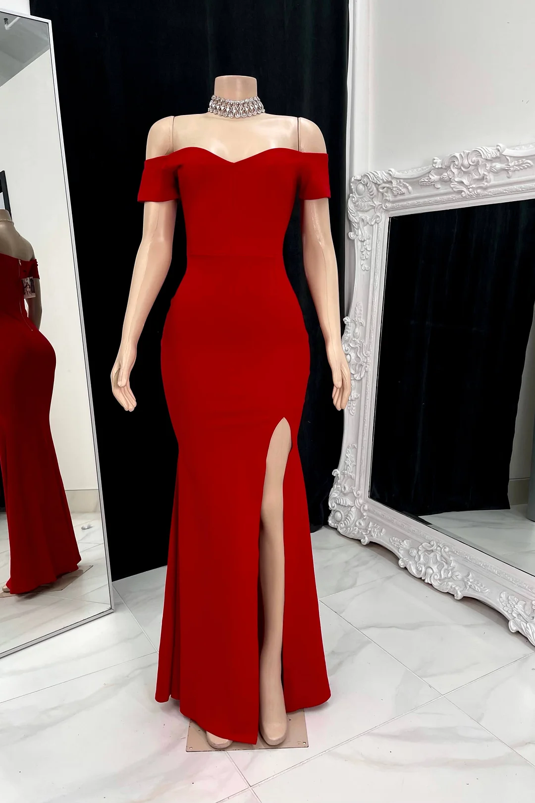 Chic Off The Shoulder Red Prom Dress With Slit | Ballbellas Ballbellas