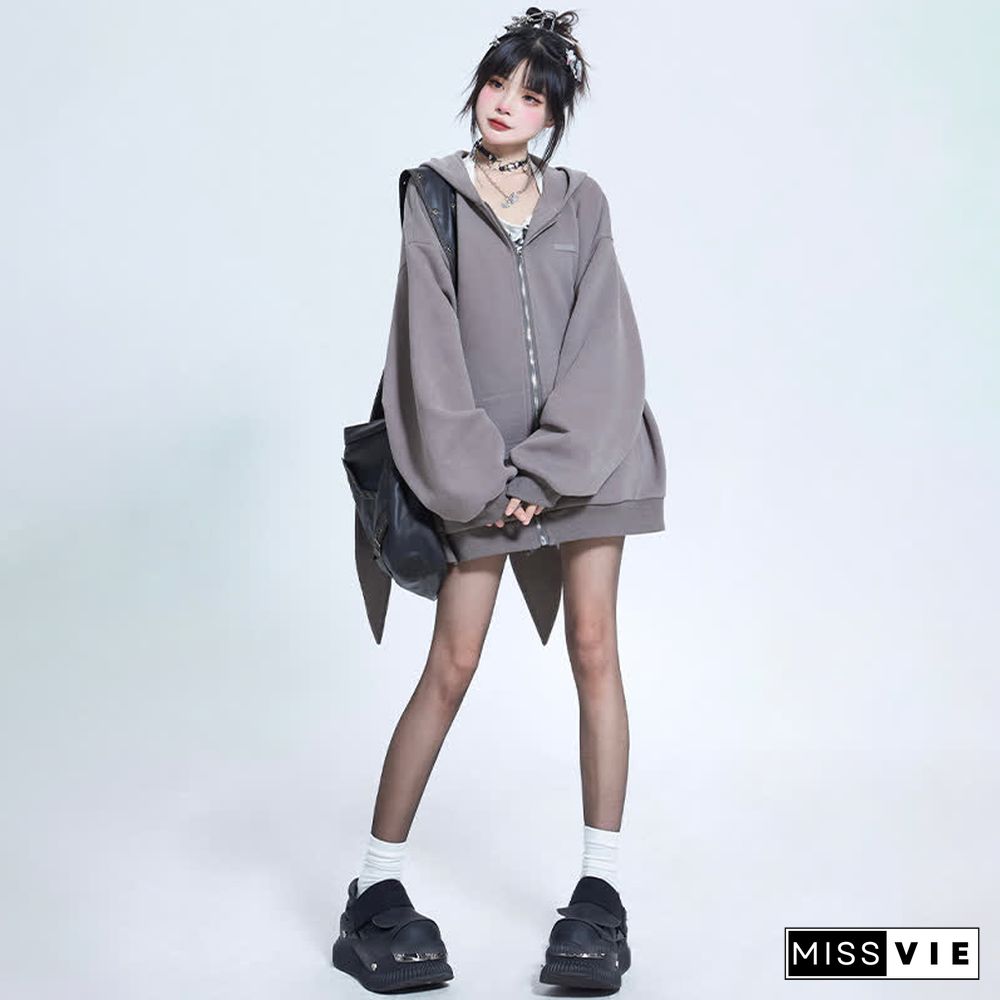 Long Bunny Ears Pocket Oversize Zipper Hooded Sweatshirt