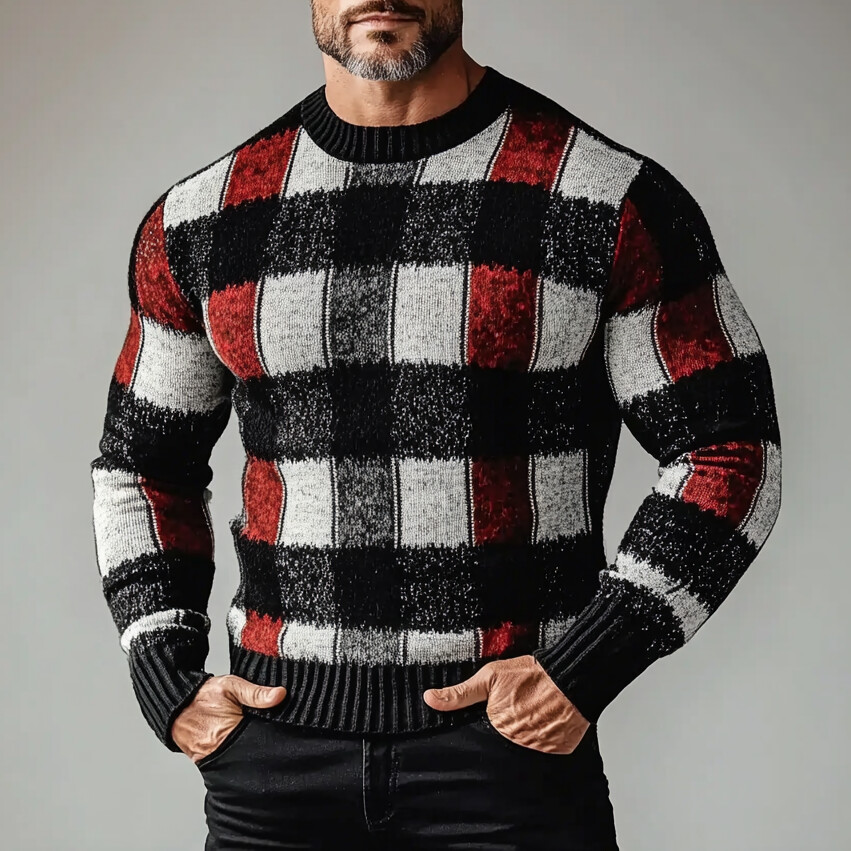 Men's Contrast Plaid Pattern Long Sleeve Knit Sweater
