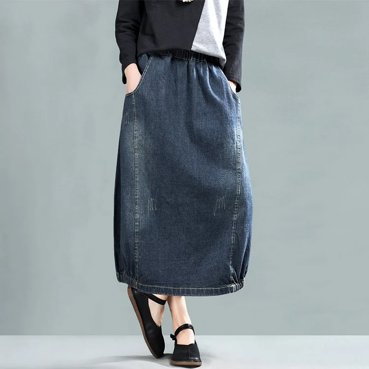 Retro A-Line Cotton Denim Skirt