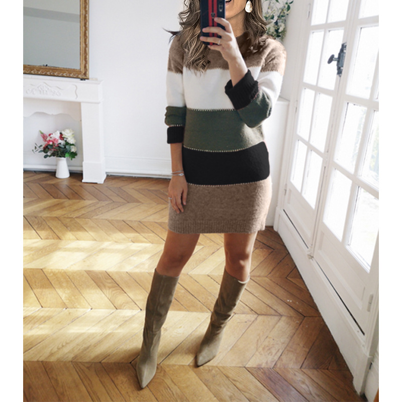  thdmladies Knit Skirt Casual Round Neck Sweater Dress thedmladies