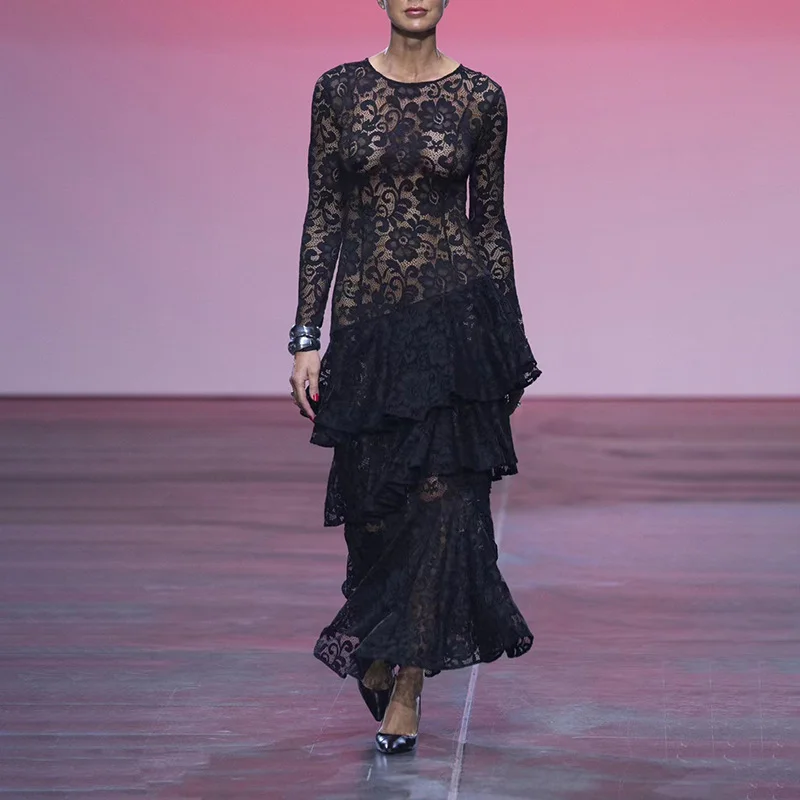 Zingj Fashion Sexy Style Dress Woman 2025 Spring New Round Lace Long-Sleeved Skirt Perspective Senior Long Dress