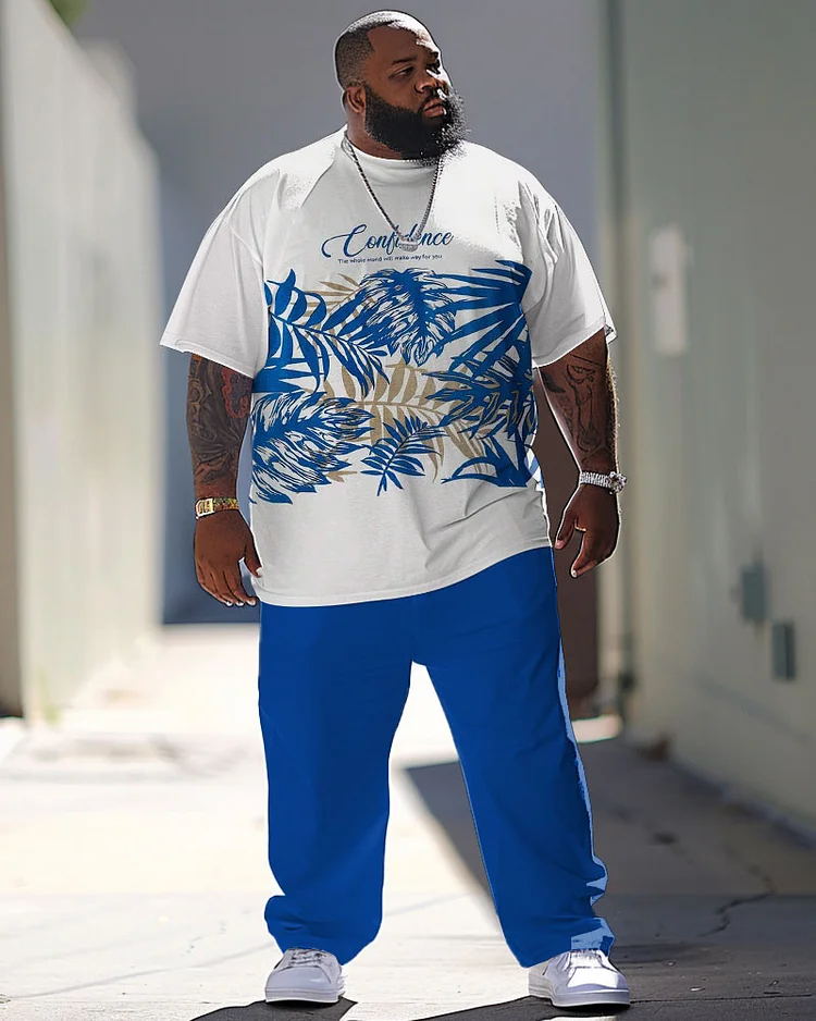 Men's Plus Size Hawaiian Palm Leaf Alphabet Print T-Shirt Pants Suit