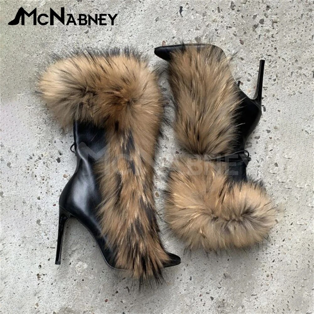VCshoes Pointed Fur Boots Style Shoes Stiletto Shoes Boots Women Warm Fake Fur Brown Suede Leather Boots