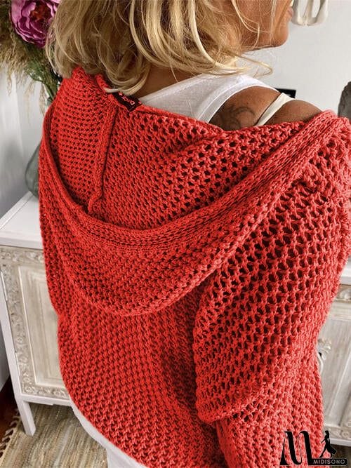 MidiSono - Openwork Hooded Long Sleeve Sweater