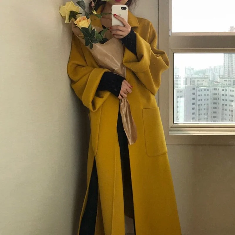 Aachoae Elegant Solid Long Wool Coat Women Batwing Long Sleeve Loose Drop Shoulder Pocket Coat Split Hem Chic Stylish Jacket