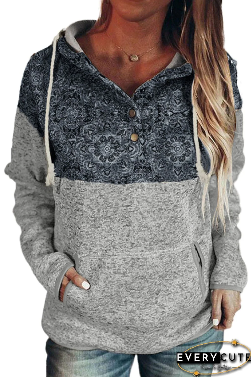 Gray Tribal Print Vintage Pocket Hoodie