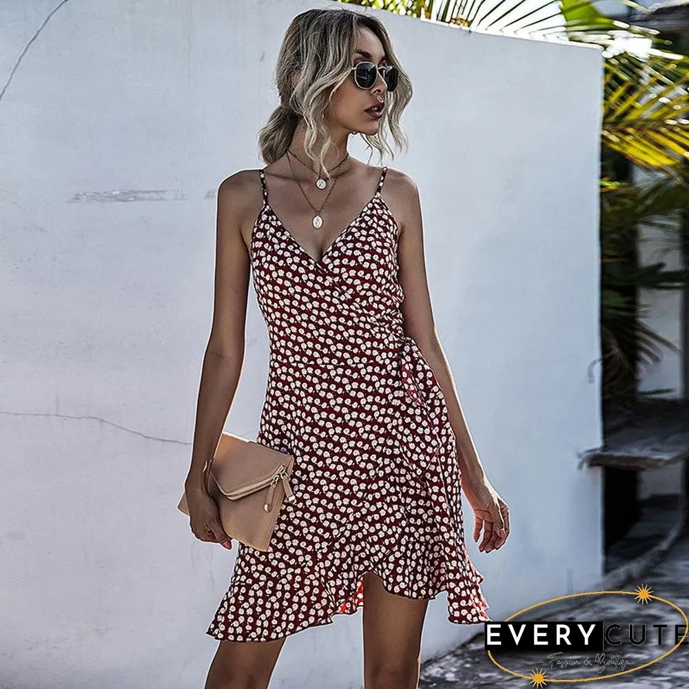 Summer Printing Irregular Ruffled Suspenders Dress Women