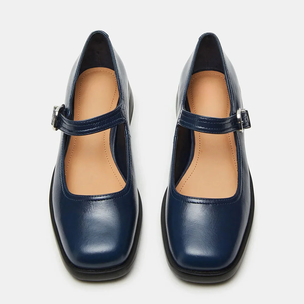 Square Toe Buckle Strap Flats Mary Jane Shoes for Women in Navy