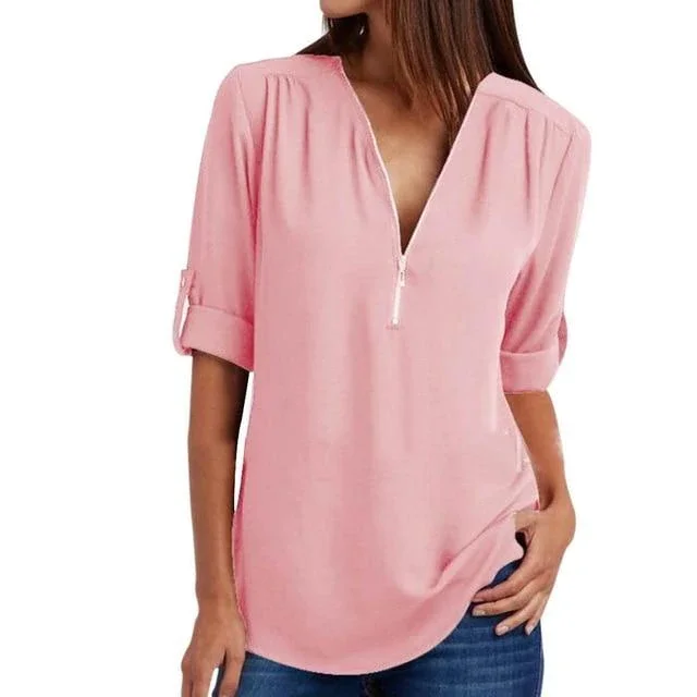 Zipper Short Sleeve Women Shirts Sexy V Neck Solid Casual Tee Shirts Tops Blouses Plus Size | EGEMISS