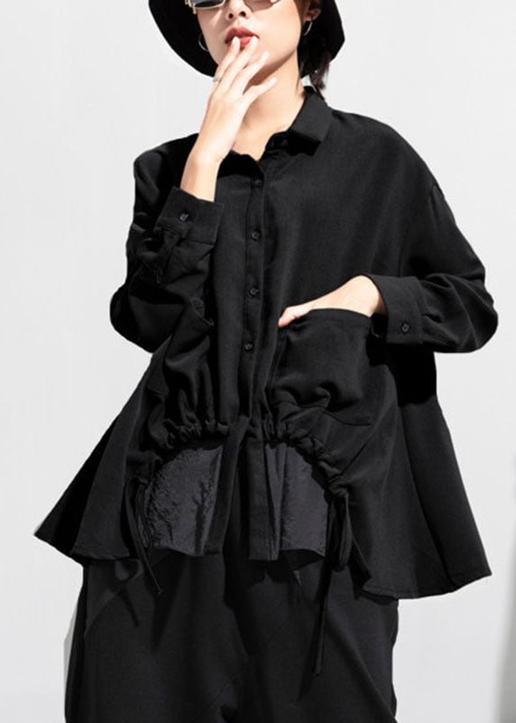 Boho Black Black Button asymmetrical design Fall Long sleeve Coat CK446- Fabulory