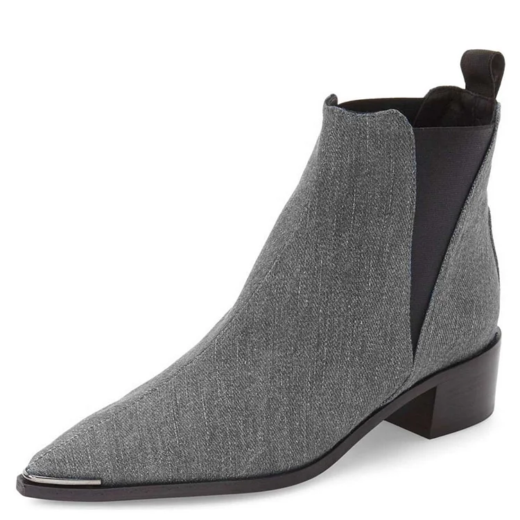 Grey Denim Chelsea Boots Pointy Toe Slip-on Chunky Heel Ankle Boots |FSJ Shoes