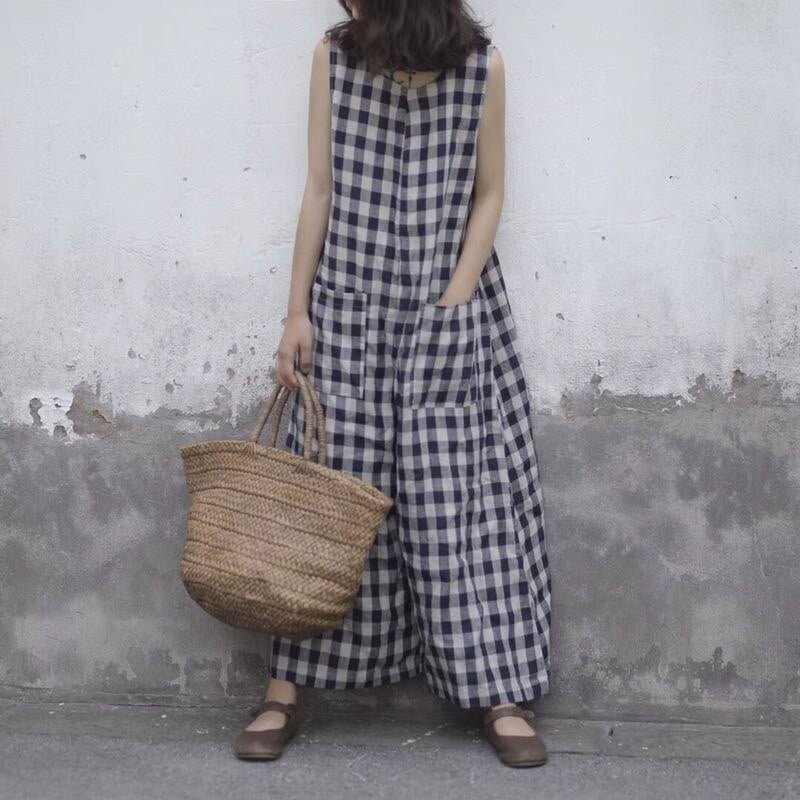 ZANZEA 2021 Summer Wide Leg Rompers Women Vintage Plaid Checked Sleeveless Loose Jumpsuits Pants Casual Baggy Overalls