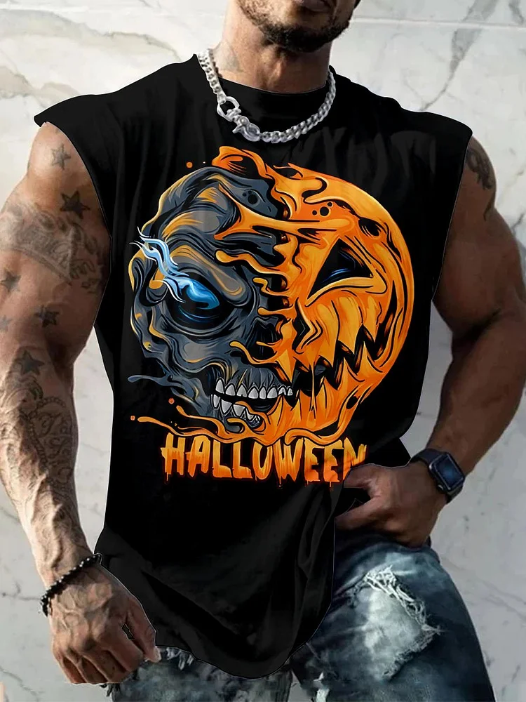 Men's Halloween Pumpkin Skull Casual Print Wide Shoulder Vest