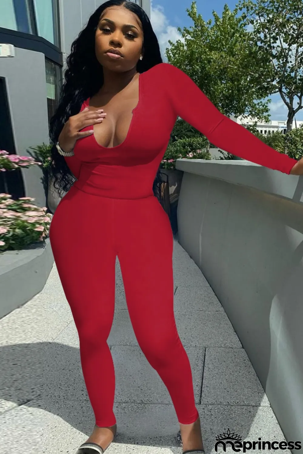 Fall Sexy Red U Neck Slim Top and Matching Pant Set