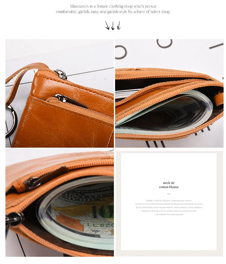 Retro zipper short cowhide small change card holder