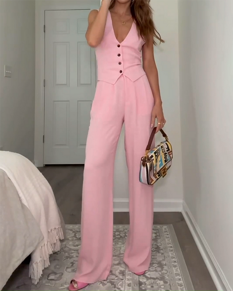 Buttoned V-neck Vest and Trousers Two-piece Suit
