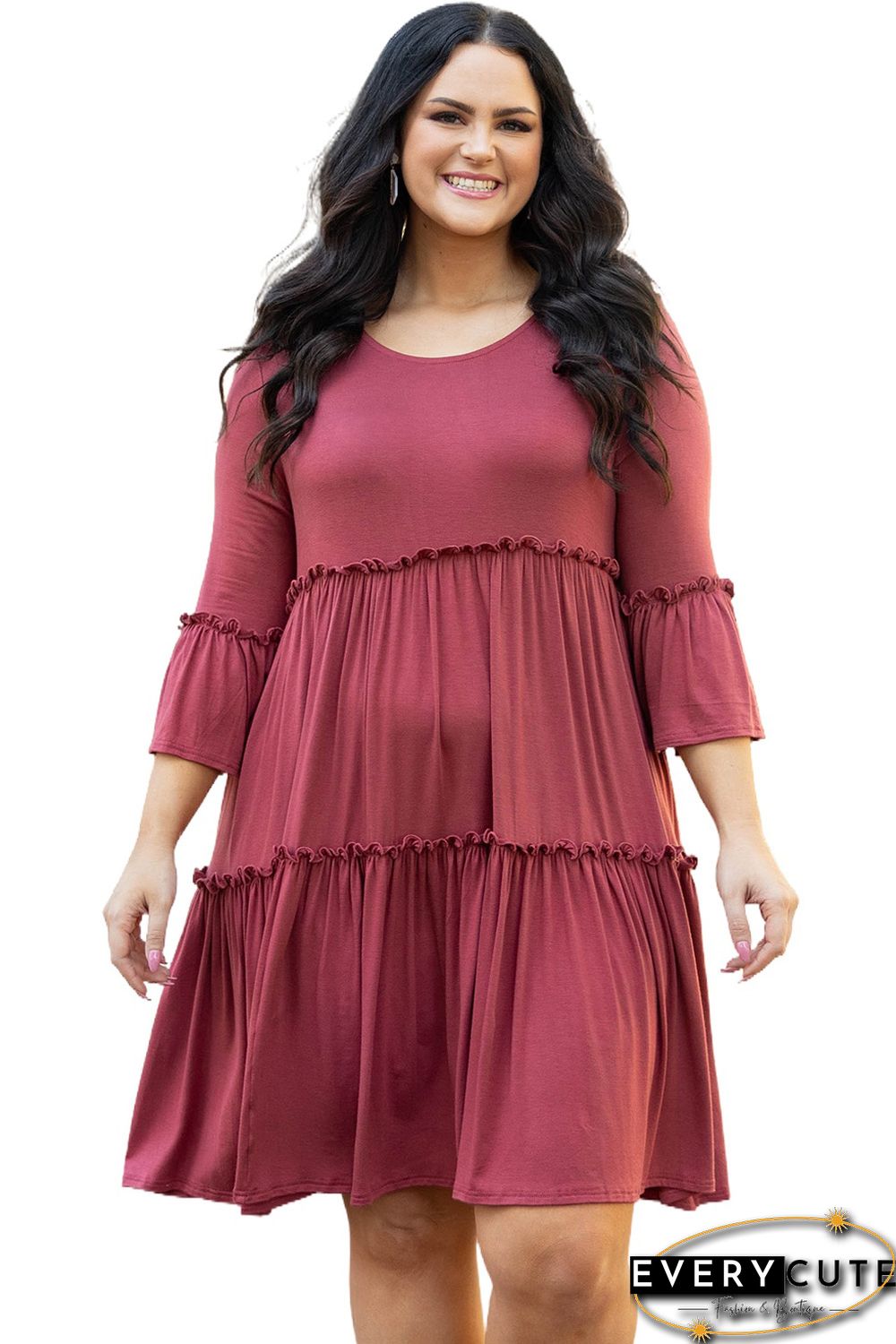 Red Tiered Ruffled 3/4 Sleeve Plus Size Dress