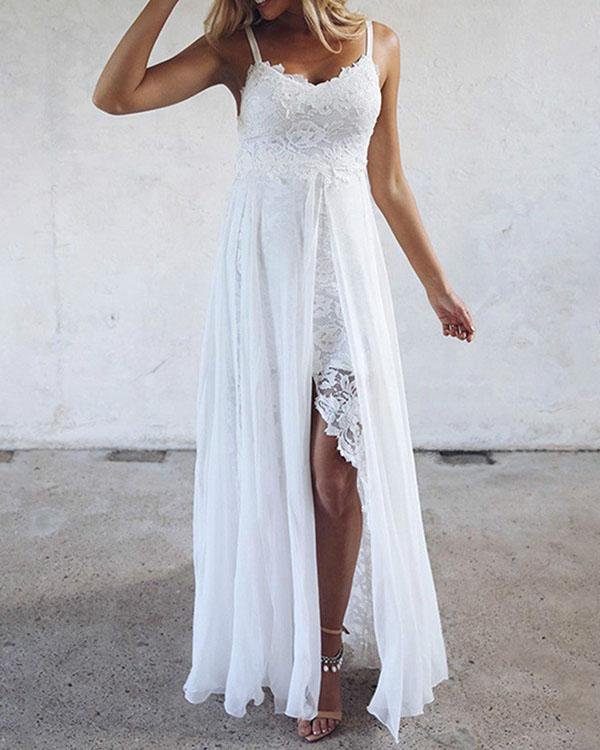 Elegant Spaghetti Strap Holiday Floral Lace Slit Dress