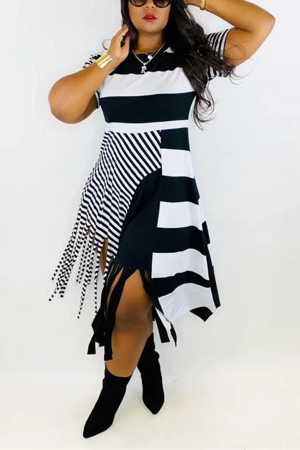Fashion Round-Neck Striped Irregular Tassel Dress