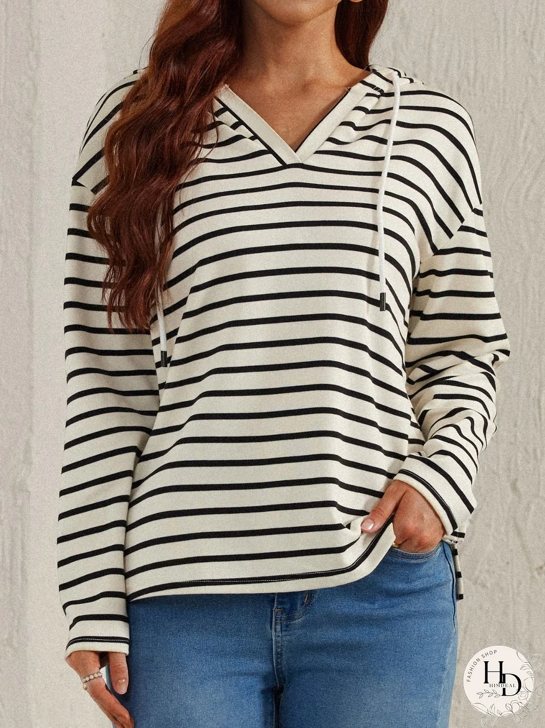 Drawstring Striped Long Sleeve Hoodie