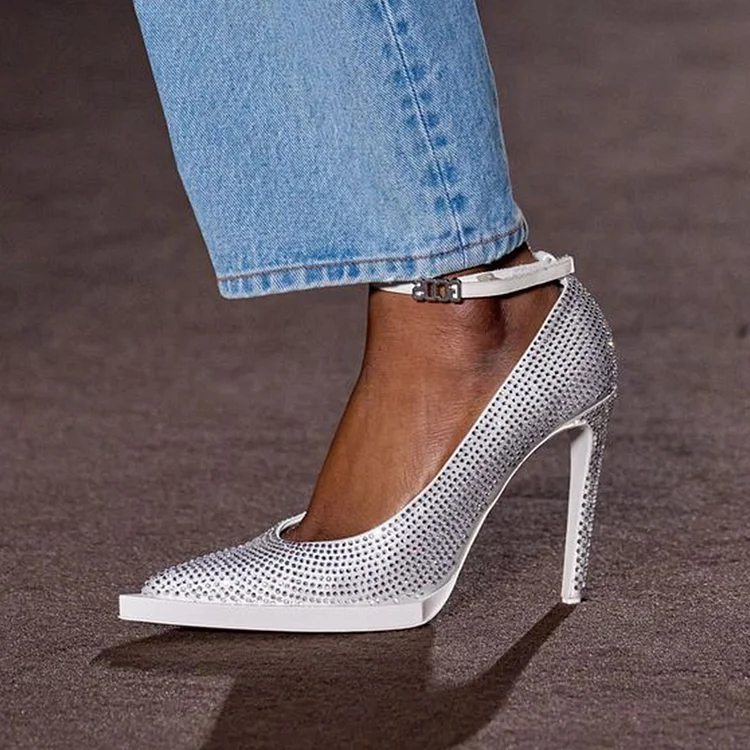 White Pointed Rhinestone Pumps Elegant Stiletto Heel Wedding Shoes |FSJ Shoes