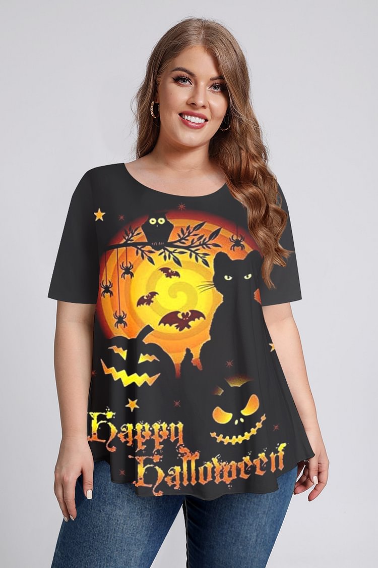 Flycurvy Plus Size Halloween Black Pumpkin Animal Letters Print Short Sleeve T-Shirt  flycurvy [product_label]