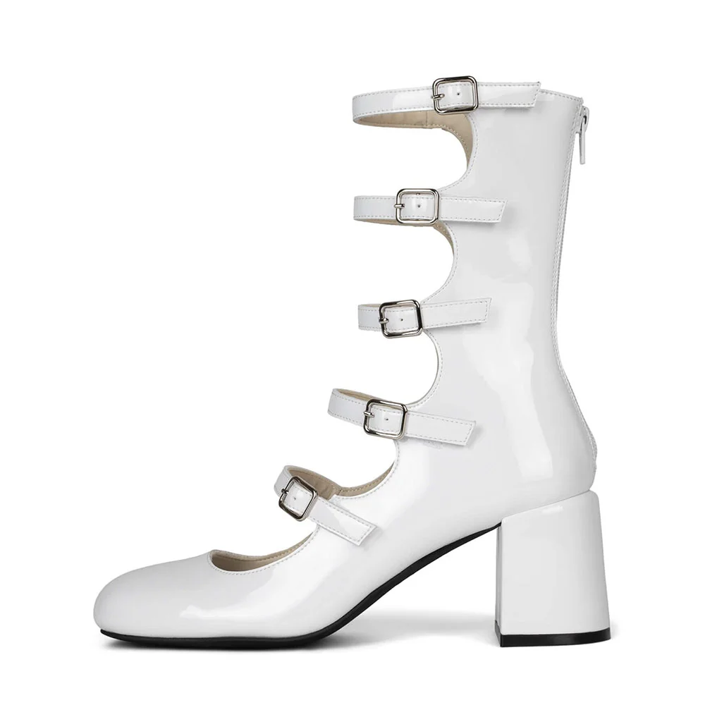 White Patent Leather Multi-Strap Mid Calf Boots with Block Heel Nicepairs