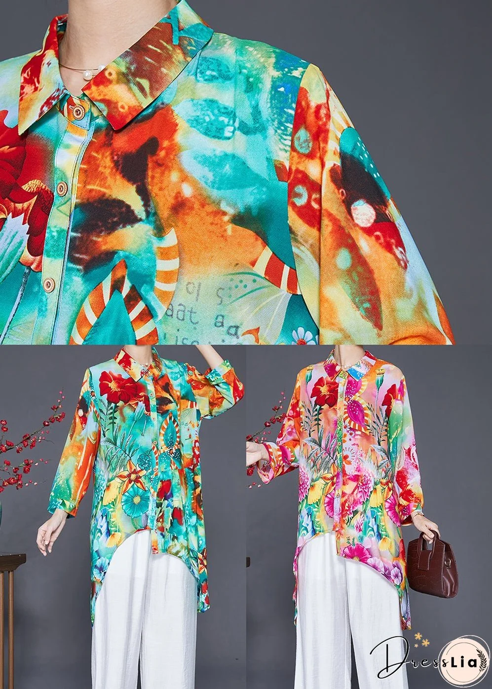 Women Green Asymmetrical Print Cotton Shirt Top Fall