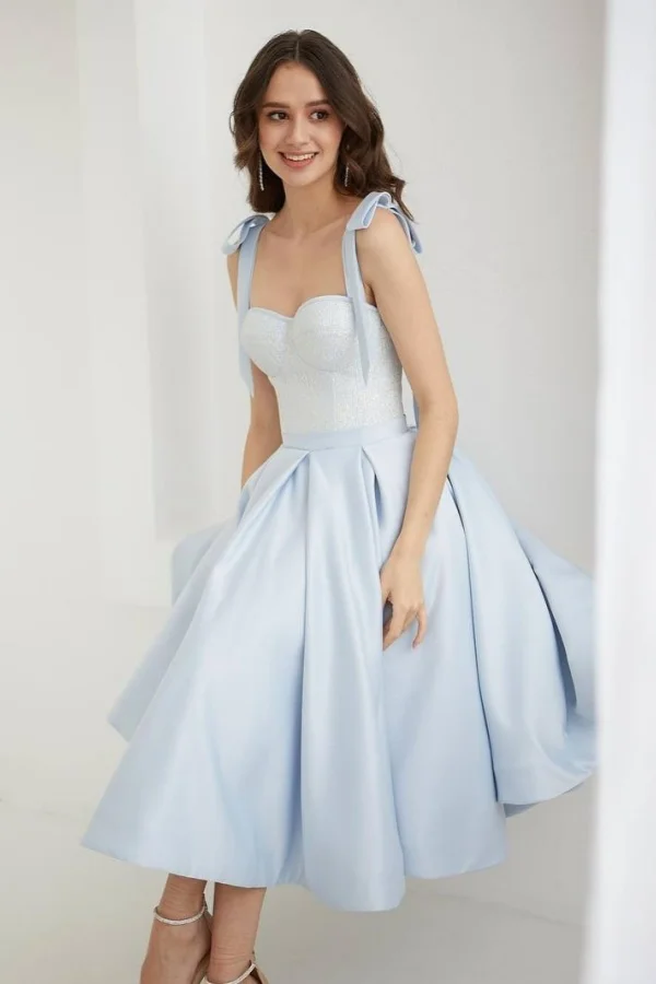 Light Blue Sweetheart Bow-Shoulder-Straps Prom Dress ZT0785