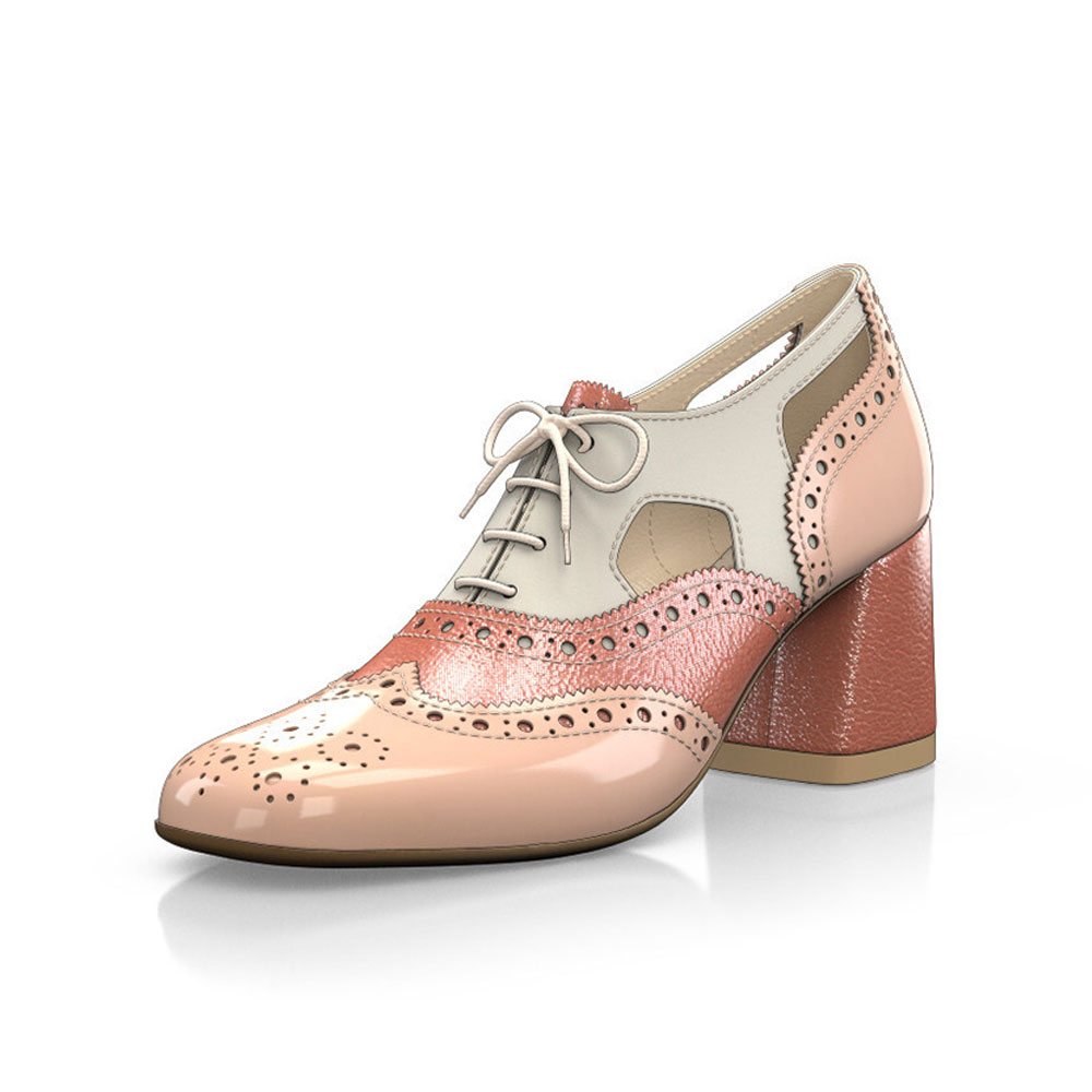 Pink & White Square Toe Chunky Heel Lace Up Patchwork Oxford Pumps Nicepairs