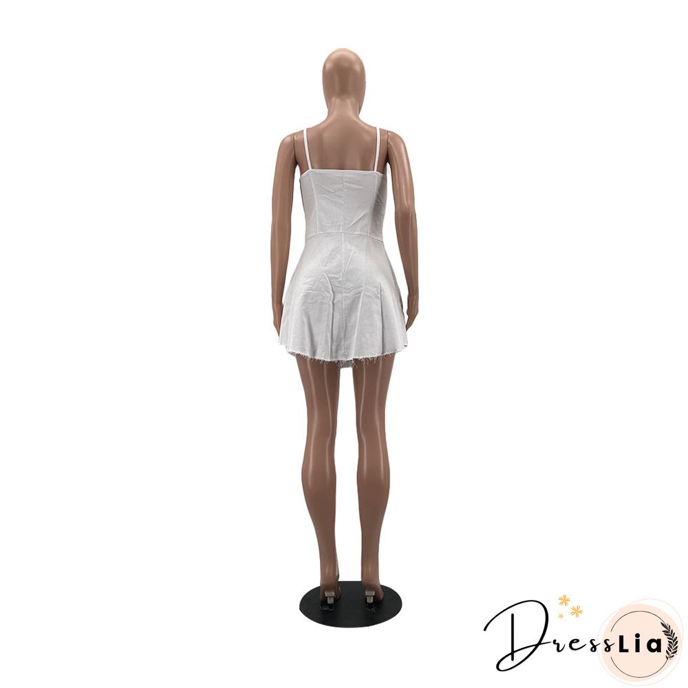Women Sexy Solid Color Spaghetti Straps Eyelet Lace-Up Slim Fit Clubwear Denim A-Line Mini Dress