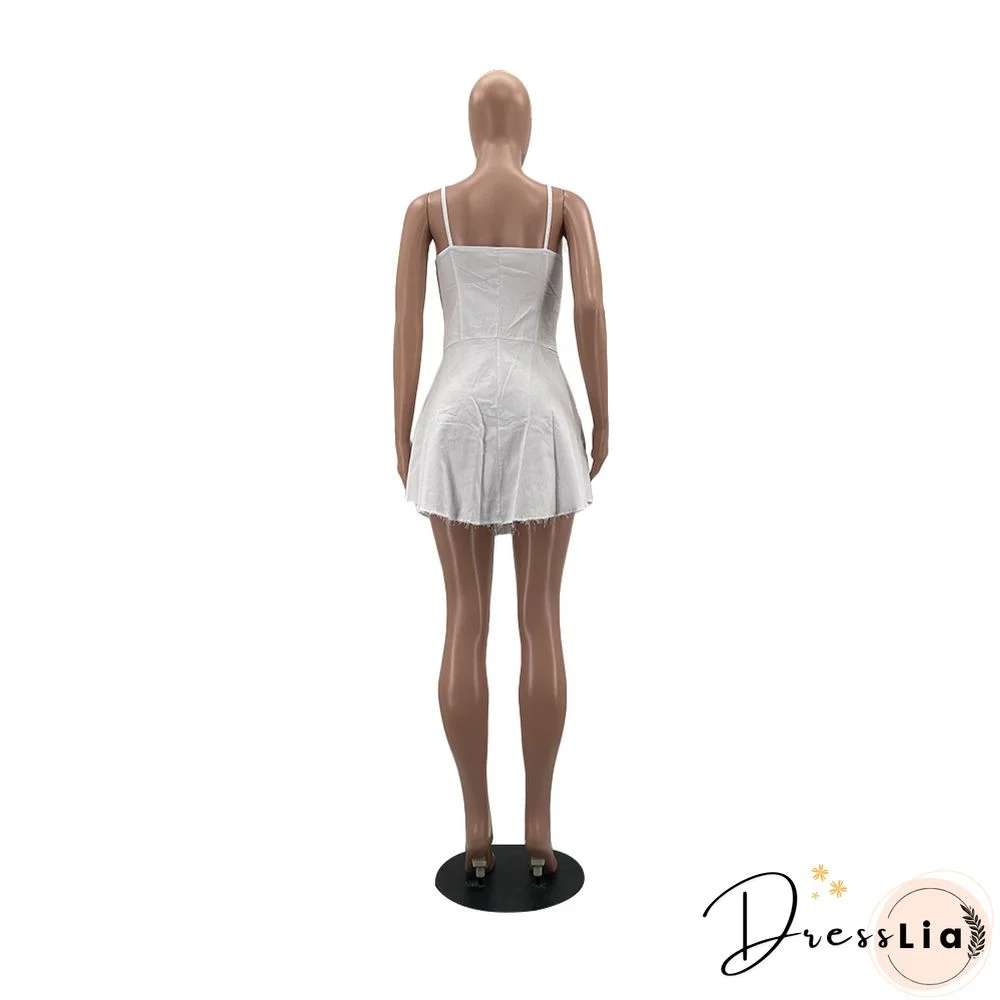 Women Sexy Solid Color Spaghetti Straps Eyelet Lace-Up Slim Fit Clubwear Denim A-Line Mini Dress