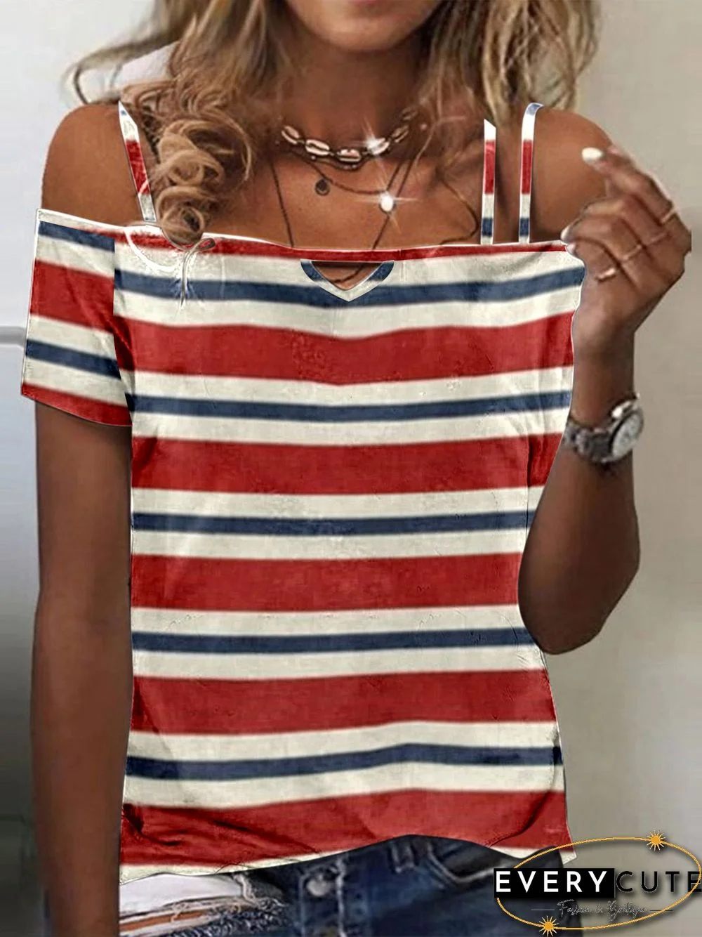 Women'S T-Shirts Striped Sling One-Shoulder Short Sleeve T-Shirt
